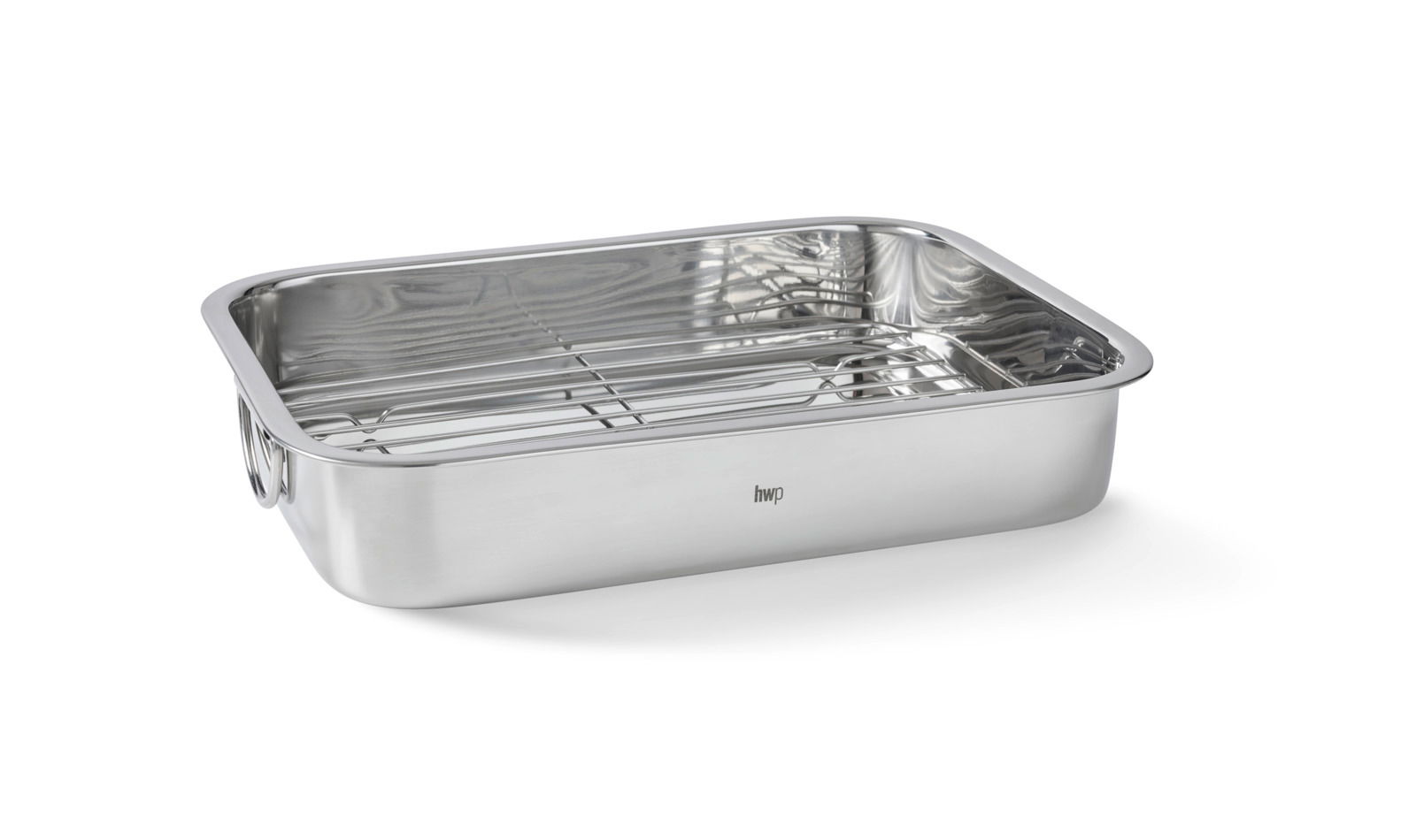 Edelstahl-Auflaufform mit Rost, seitliche Perspektive
