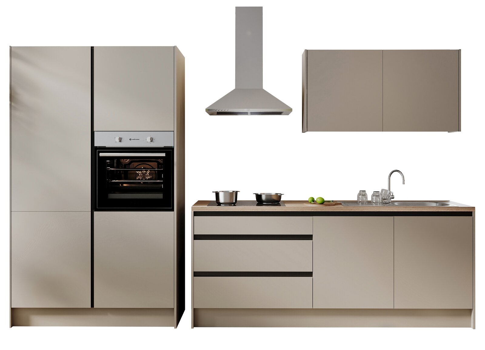 Yourkitchen Küchenblock Basis 335 TROJA Moderne Küchenzeile in neutralen Farben mit Einbauherd, Dunstabzugshaube, Oberschrank und Spüle, frontal betrachtet.