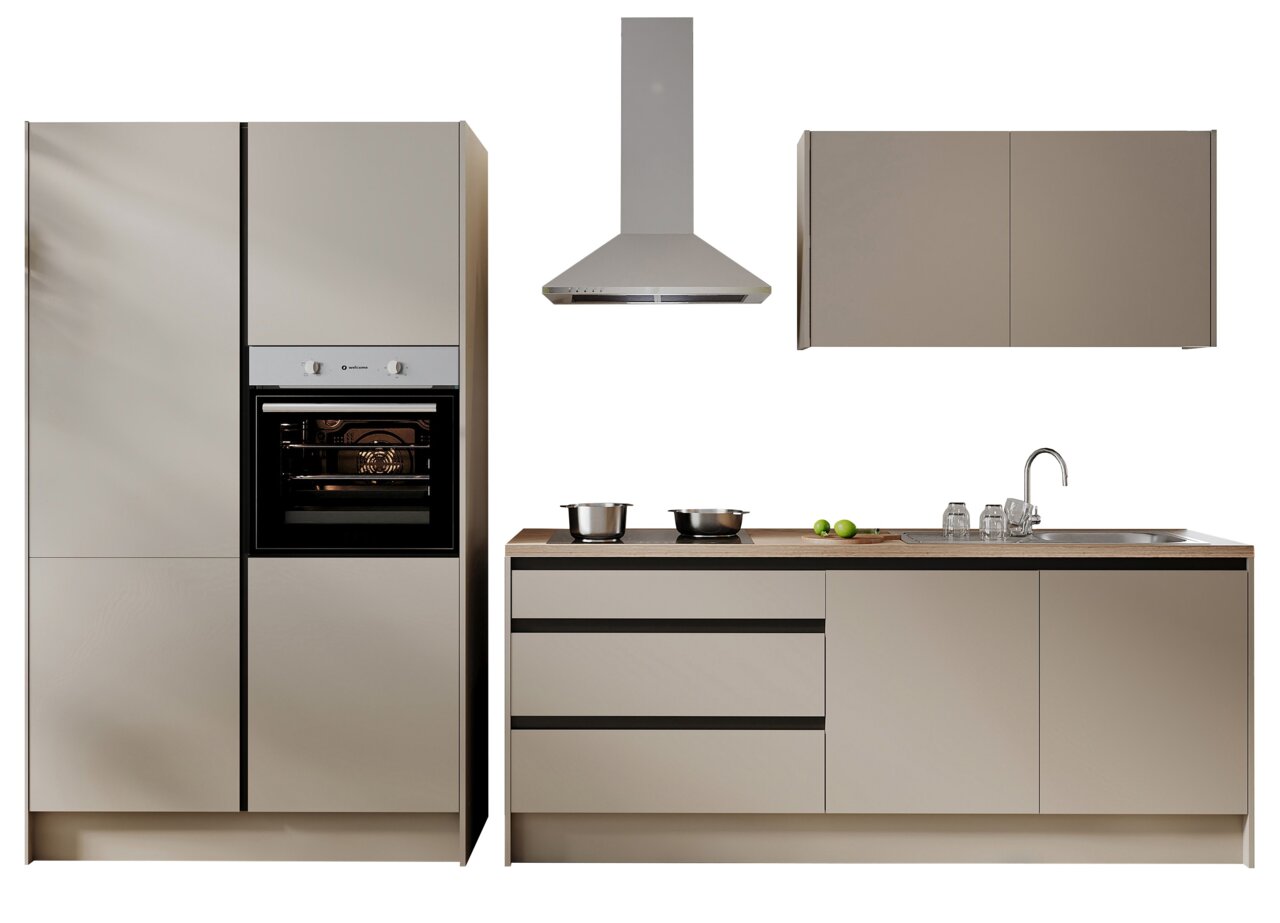 Yourkitchen Küchenblock Basis 335 TROJA Moderne Küchenzeile in neutralen Farben mit Einbauherd, Dunstabzugshaube, Oberschrank und Spüle, frontal betrachtet.