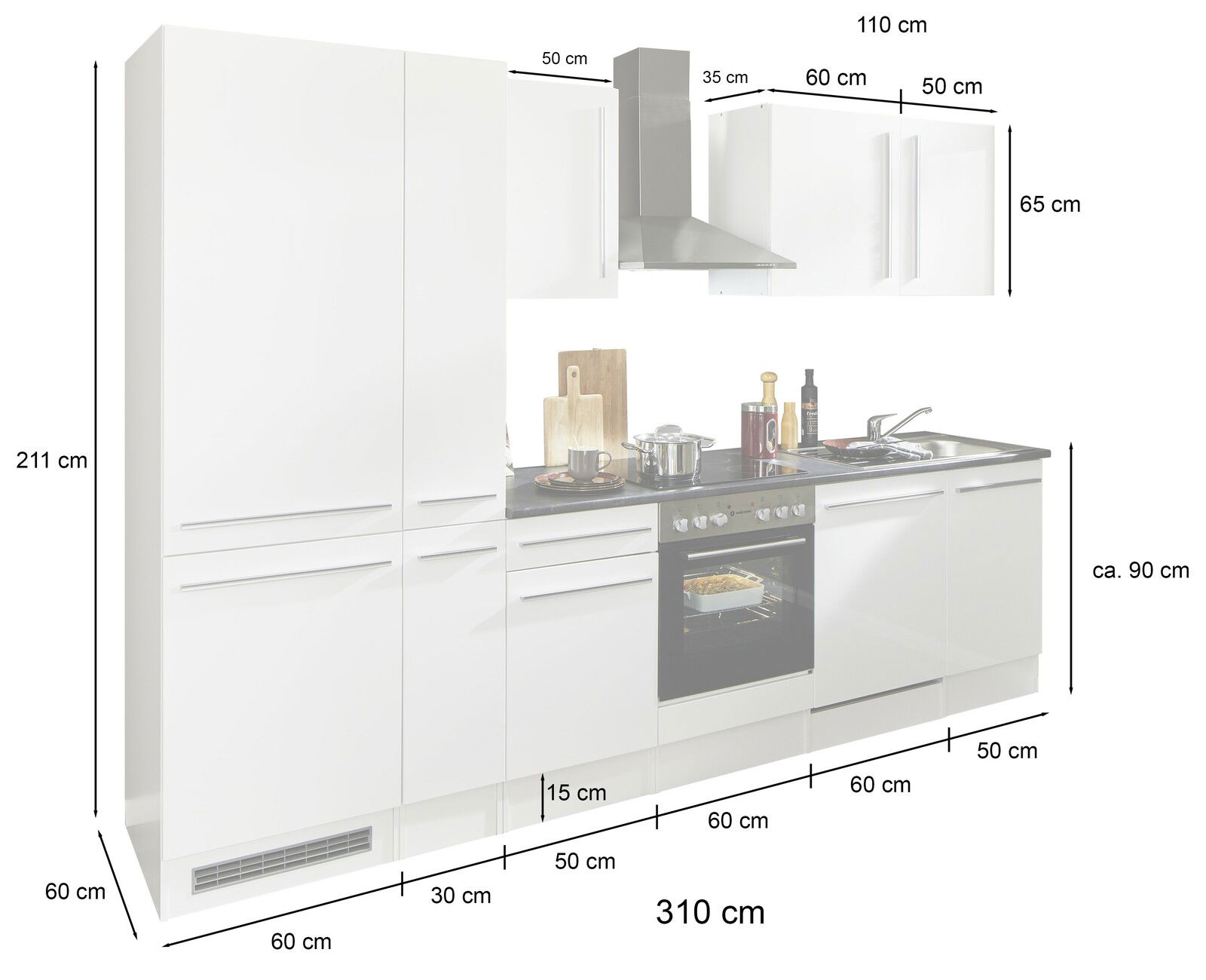 Küchenblock 310 cm in Weiß mit integriertem Herd, Dunstabzugshaube und Spüle, seitliche Perspektive