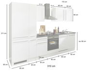 Küchenblock 310 cm in Weiß mit integriertem Herd, Dunstabzugshaube und Spüle, seitliche Perspektive