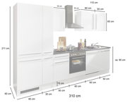Küchenblock 310 cm in Weiß mit integriertem Herd, Dunstabzugshaube und Spüle, seitliche Perspektive