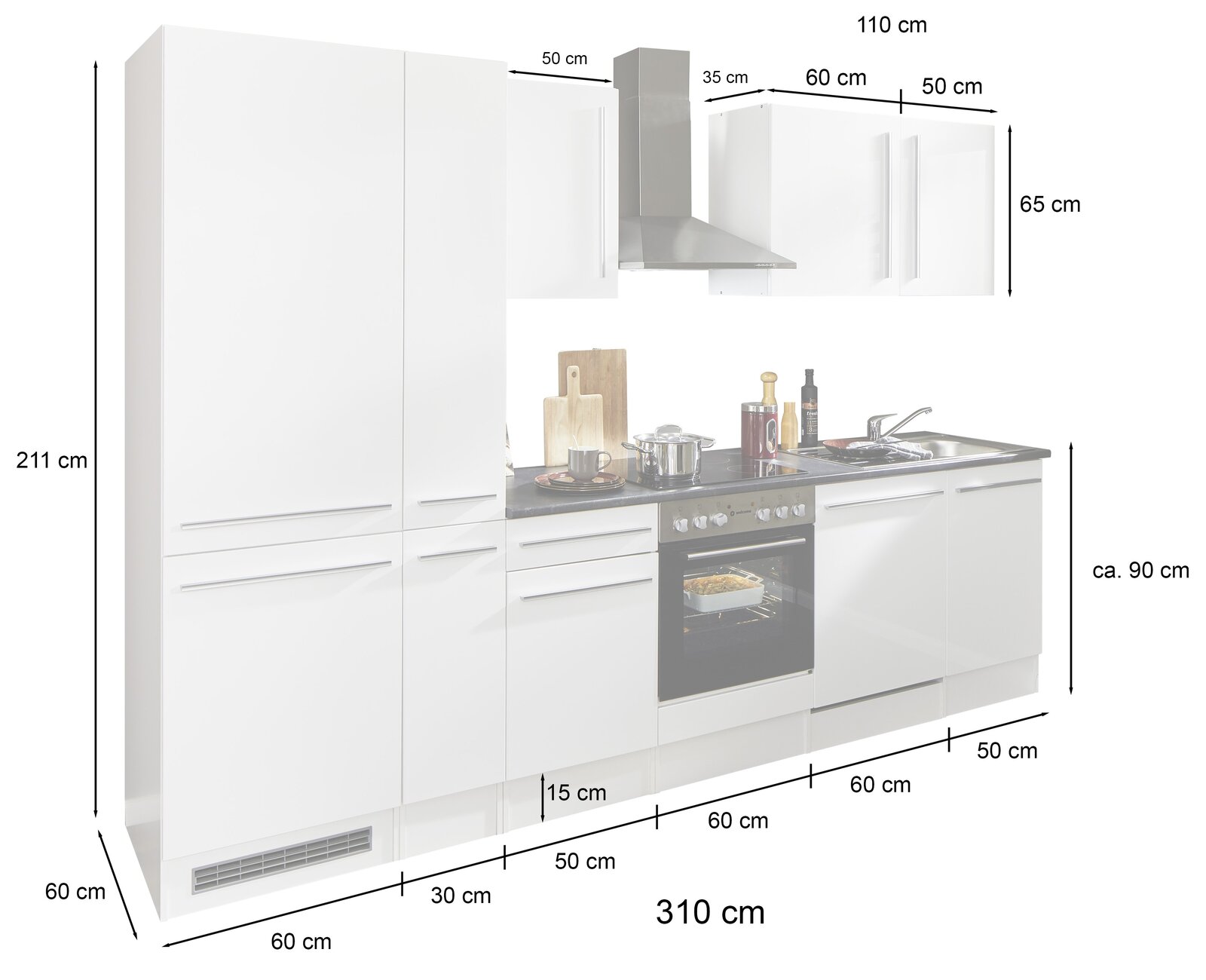 Küchenblock 310 cm in Weiß mit integriertem Herd, Dunstabzugshaube und Spüle, seitliche Perspektive