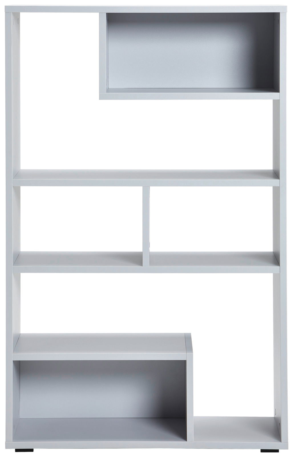 Moderner weißer Raumteiler mit mehreren offenen Fächern, frontal betrachtet.