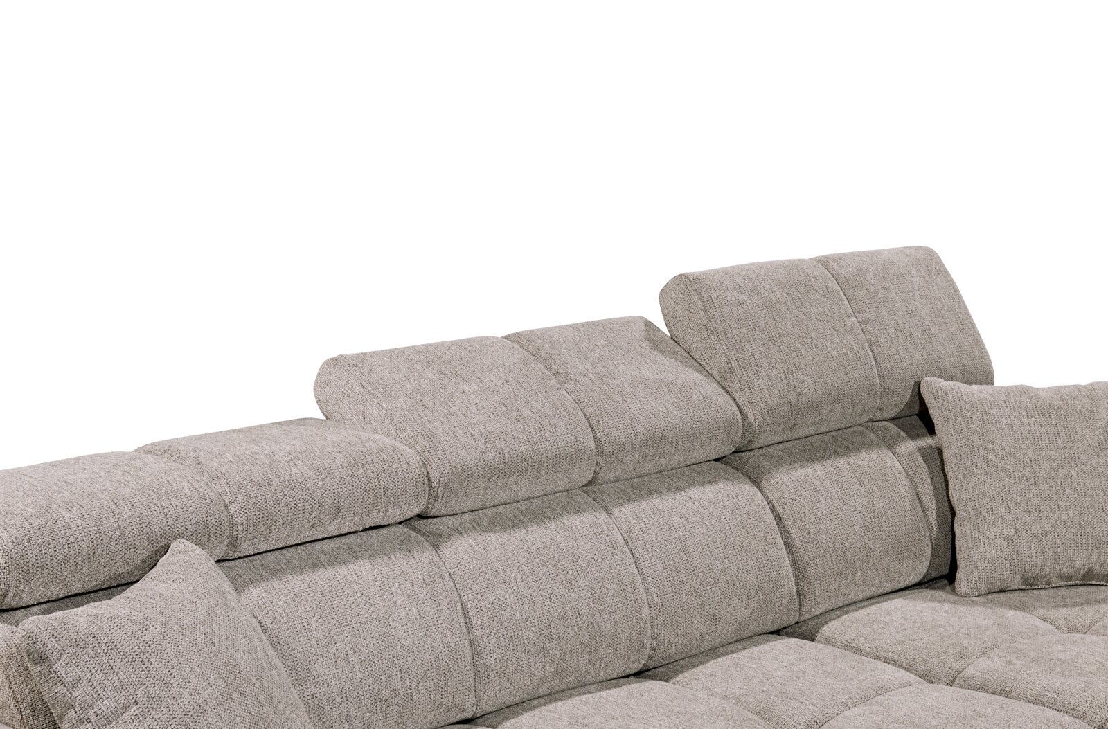 Graues Sofa mit verstellbaren Kopfstützen und Kissen, seitliche Perspektive