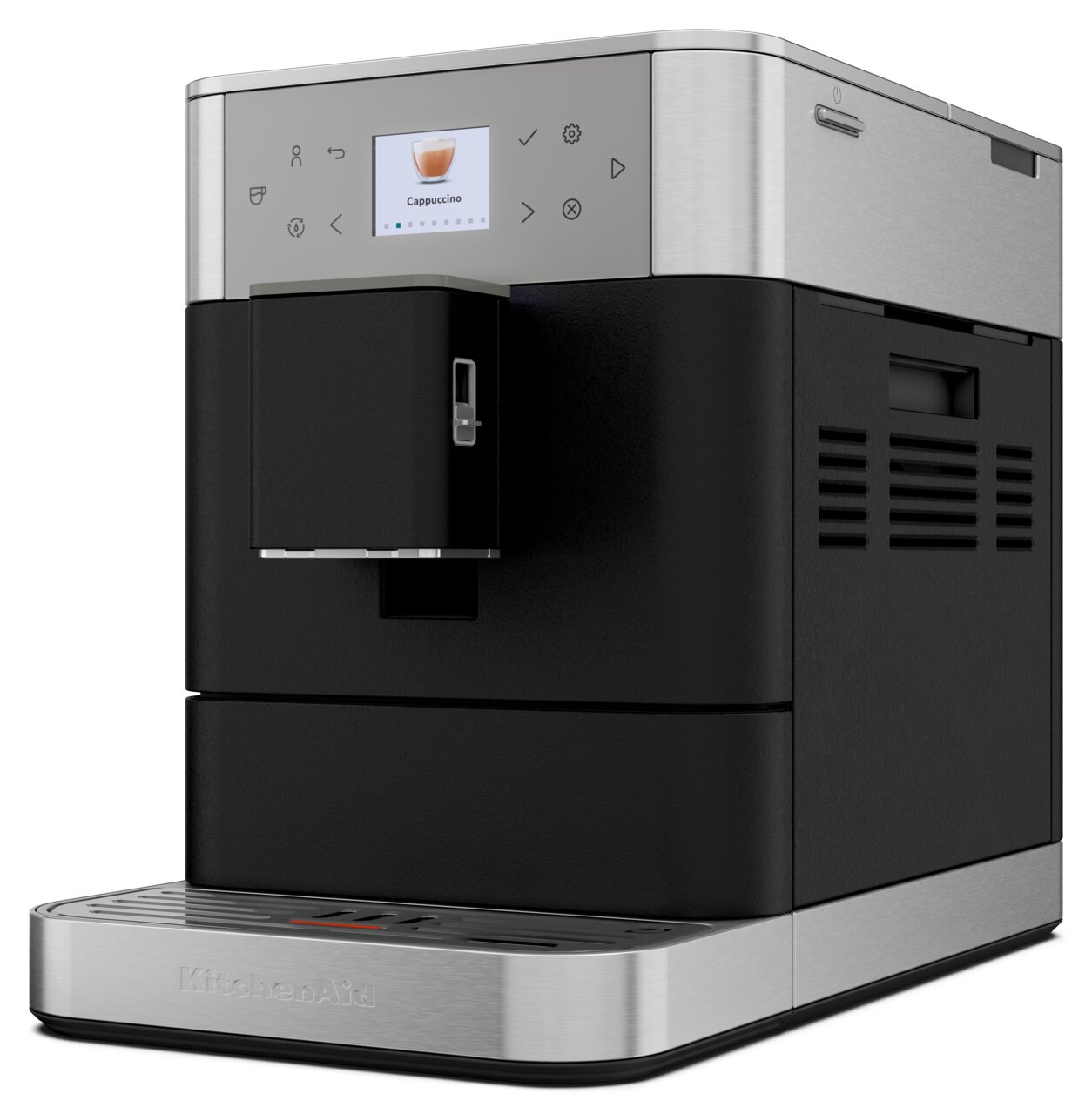 Kaffeevollautomat in seitlicher Perspektive mit Edelstahl- und schwarzen Elementen, Display zeigt Cappuccino-Option.