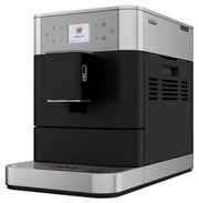 Kaffeevollautomat in seitlicher Perspektive mit Edelstahl- und schwarzen Elementen, Display zeigt Cappuccino-Option.