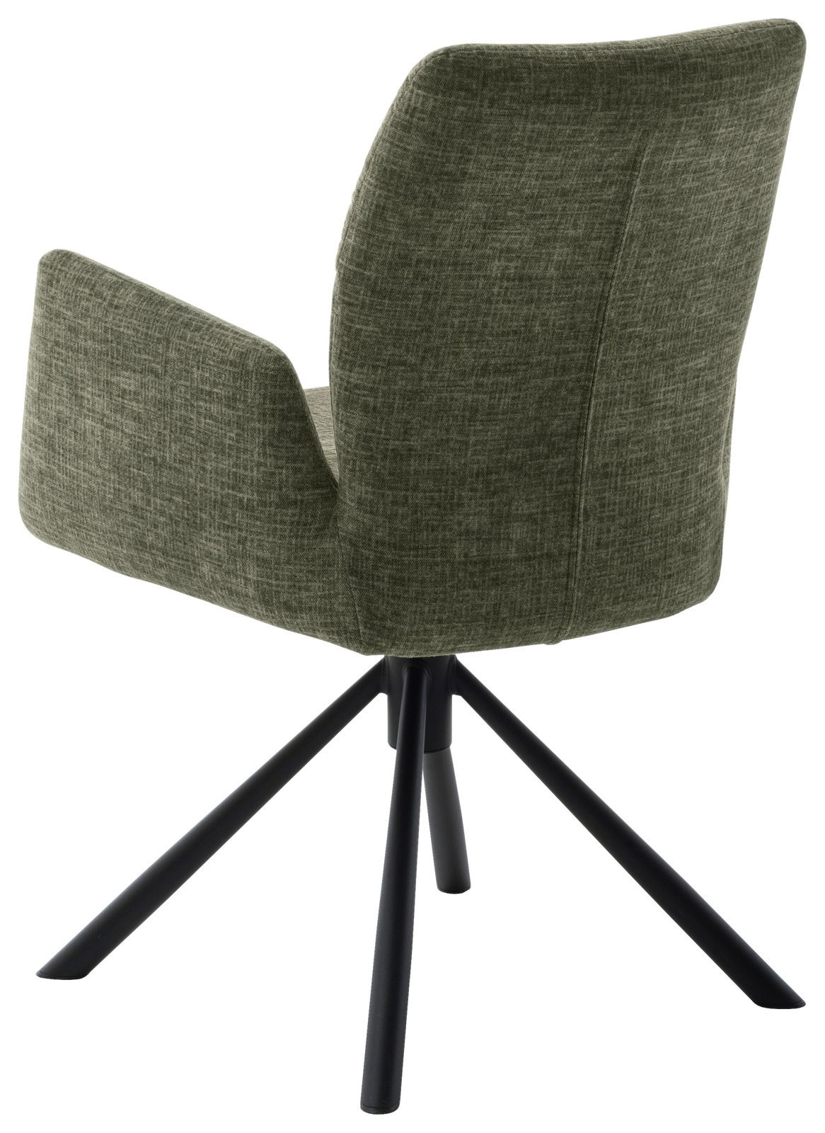 Rückansicht eines Sessels mit grünem Stoffbezug und schwarzem Metallgestell.