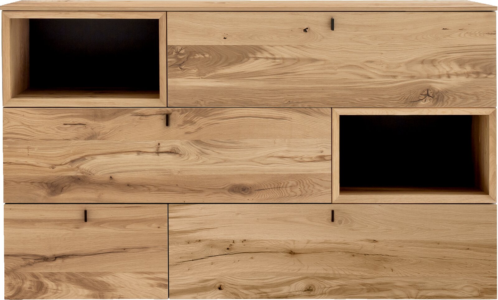 Venjakob Dressoir ANDIAMO 3.0 Houten dressoir/ladekast met natuurlijke houtnerf, vijf brede laden met zwarte grepen en twee open vakken linksboven en rechtsmidden, frontaal aanzicht.