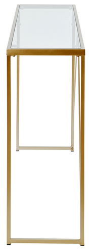 Seitliche Ansicht der Jahnke Konsole GLAM mit Glasplatte und goldfarbenem Metallrahmen.