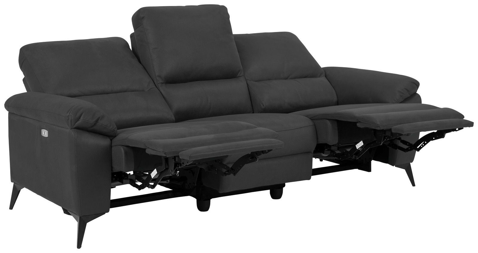 Dreisitzer-Sofa in dunklem Stoff mit ausgeklappten Fußstützen, seitliche Perspektive