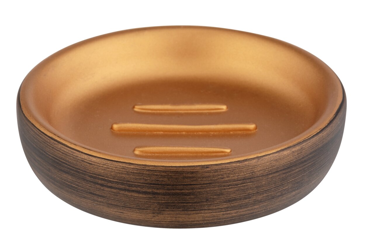 Bronzefarbene Seifenablage Palena in runder Form, seitliche Perspektive