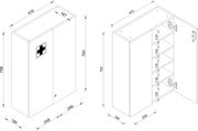 Technische Zeichnung eines wandmontierten Medizinschranks/Erste-Hilfe-Schranks mit Kreuzsymbol, Maße ca. 700×470×249 mm; links geschlossene Frontansicht in isometrischer Perspektive, rechts geöffnete Ansicht in isometrischer Perspektive mit Einlegeböden u