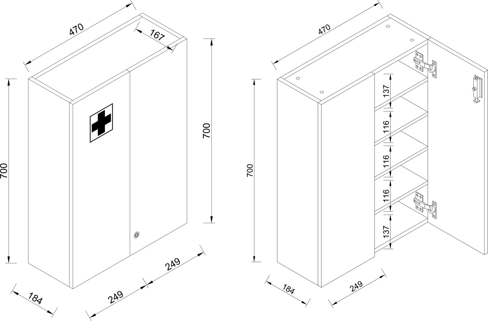 Technische Zeichnung eines wandmontierten Medizinschranks/Erste-Hilfe-Schranks mit Kreuzsymbol, Maße ca. 700×470×249 mm; links geschlossene Frontansicht in isometrischer Perspektive, rechts geöffnete Ansicht in isometrischer Perspektive mit Einlegeböden u