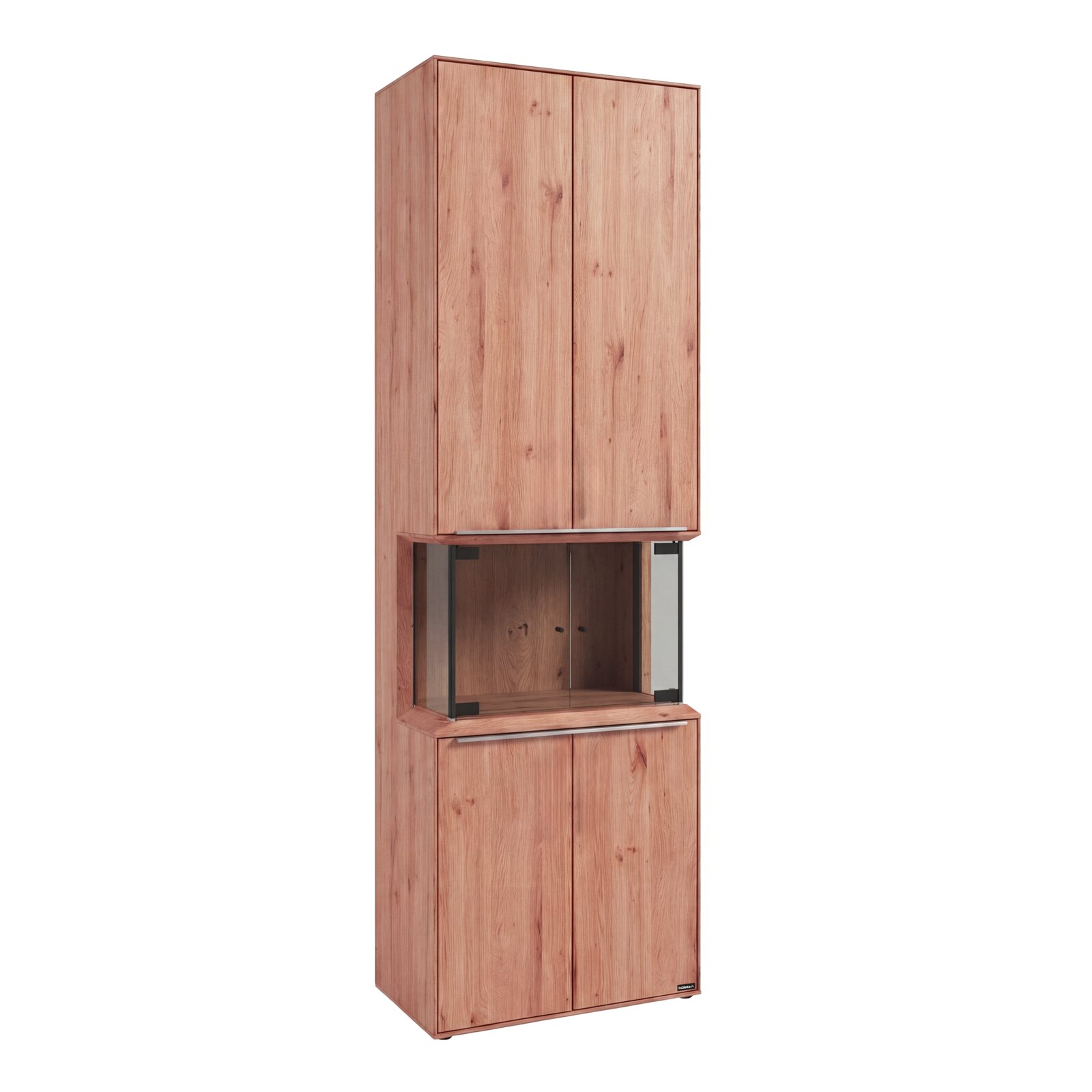 Hoher Holzschrank/Vitrine mit zwei geschlossenen Schrankbereichen und mittlerem Glasfach, Frontansicht leicht von links (3/4-Perspektive)