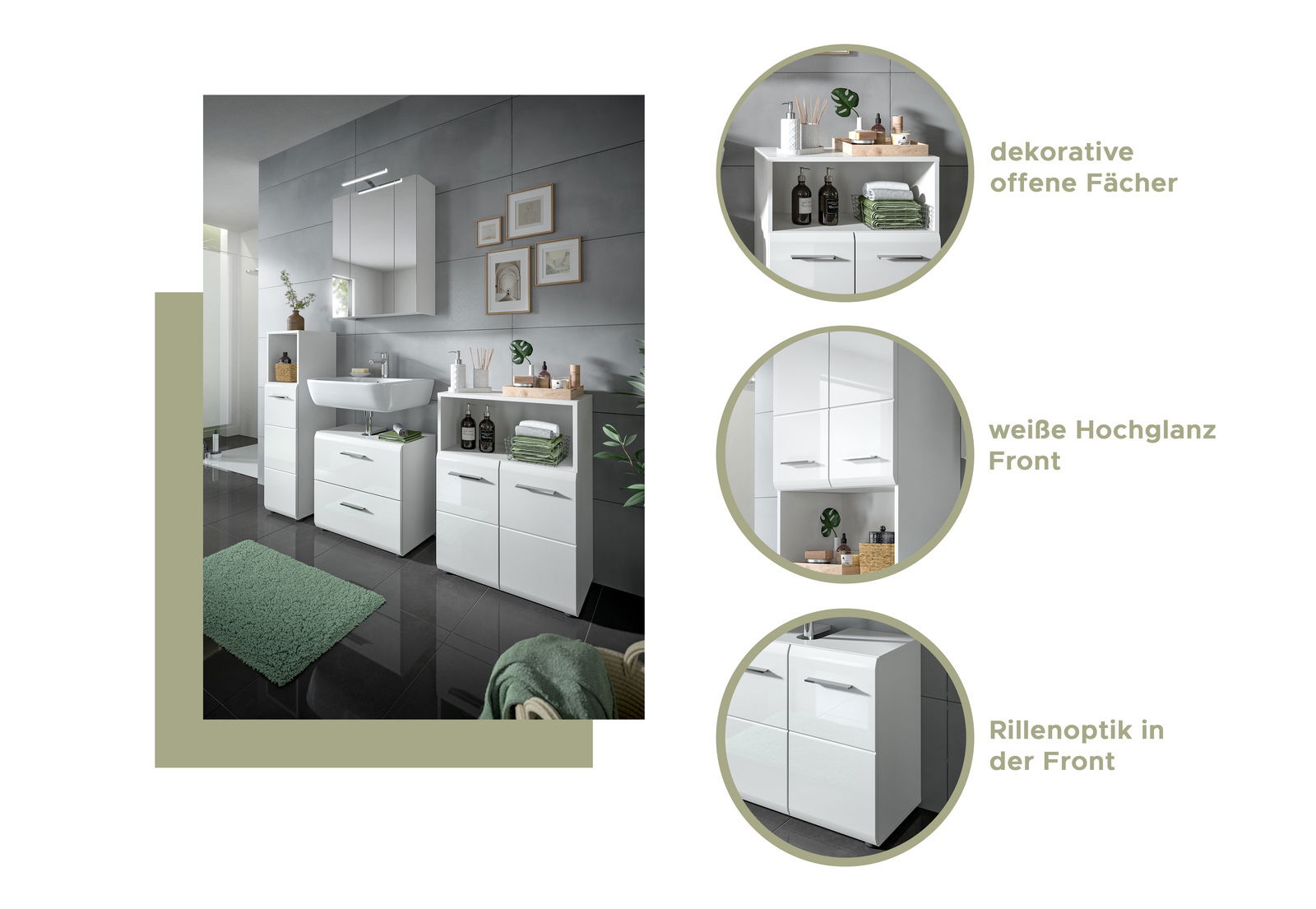 Moderne Badezimmermöbelkombination mit weißer Hochglanzfront, dekorativen offenen Fächern und Rillenoptik, aus der Frontperspektive fotografiert.