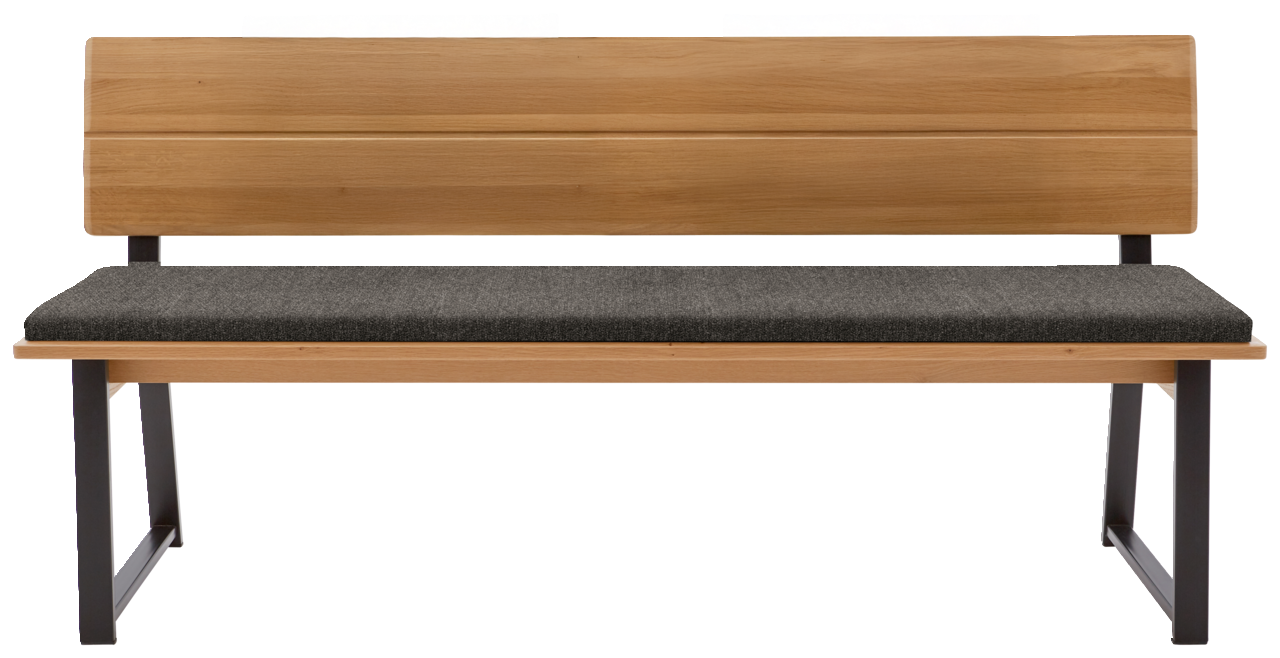 Holzbank mit grauem Polster und Metallbeinen, Vorderansicht