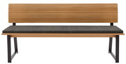 Holzbank mit grauem Polster und Metallbeinen, Vorderansicht