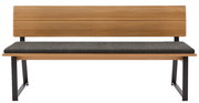Holzbank mit grauem Polster und Metallbeinen, Vorderansicht