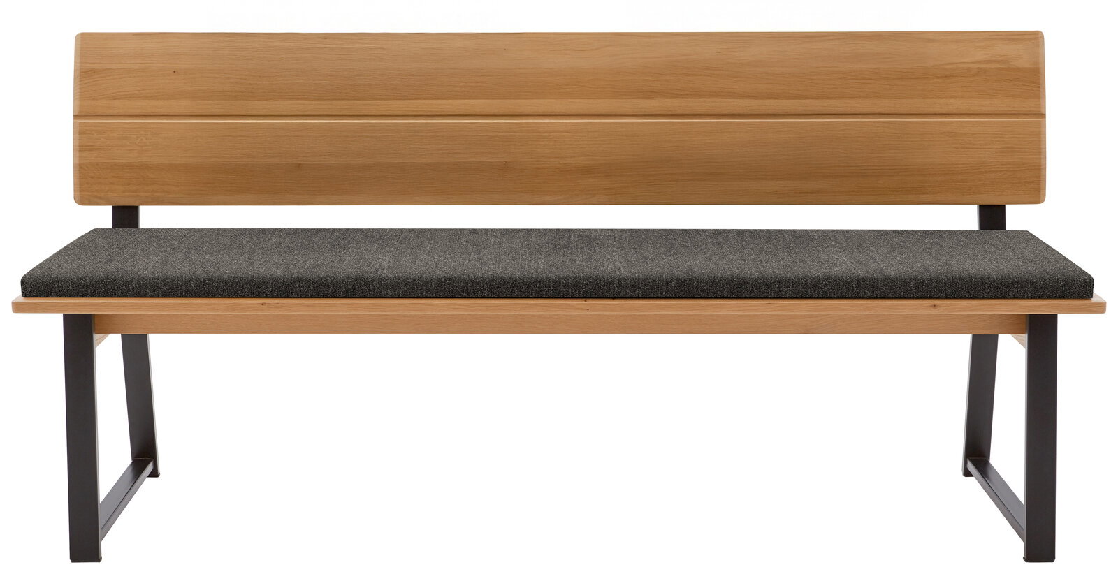 Holzbank mit grauem Polster und Metallbeinen, Vorderansicht