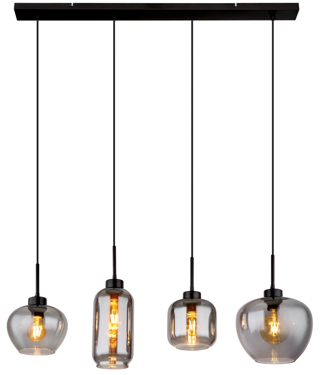 Moderne Hängeleuchte mit vier unterschiedlich geformten Glaskolben, aus der Vorderansicht fotografiert.