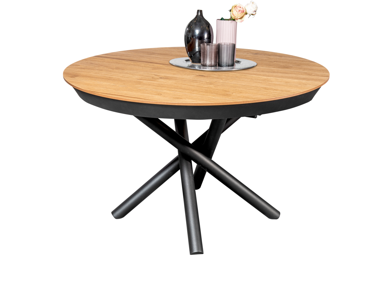 Runder Esstisch mit Holzplatte und schwarzem Metallgestell, seitliche Perspektive