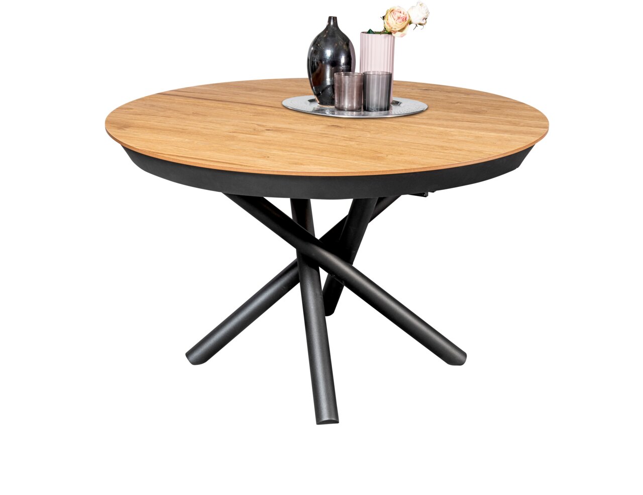 Runder Esstisch mit Holzplatte und schwarzem Metallgestell, seitliche Perspektive