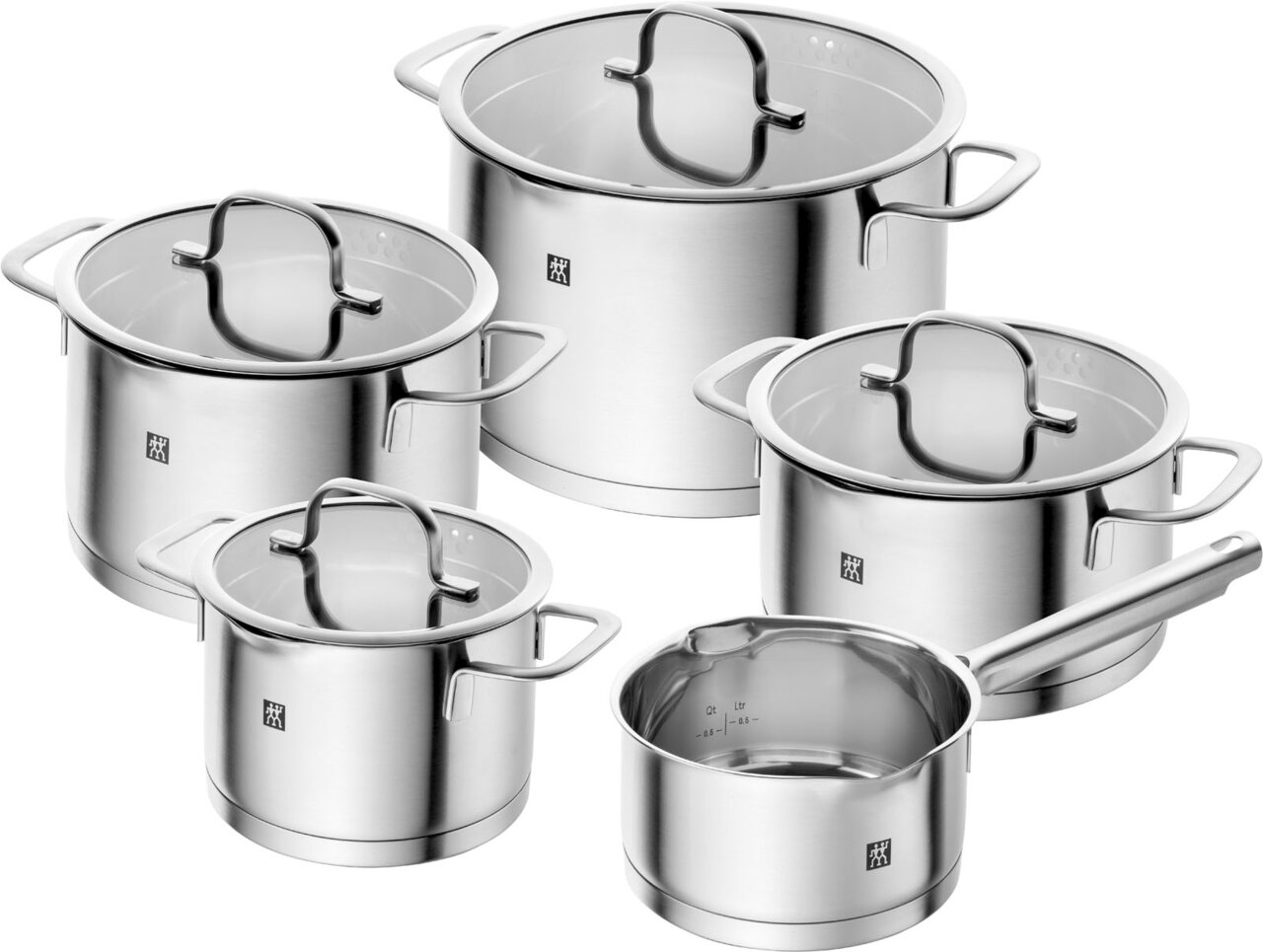 ZWILLING Topfset 5tlg. TRUE FLOW Topfset 5-teilig True Flow aus Edelstahl, bestehend aus vier Töpfen mit Glasdeckeln und einem Stieltopf, aus der Vogelperspektive.