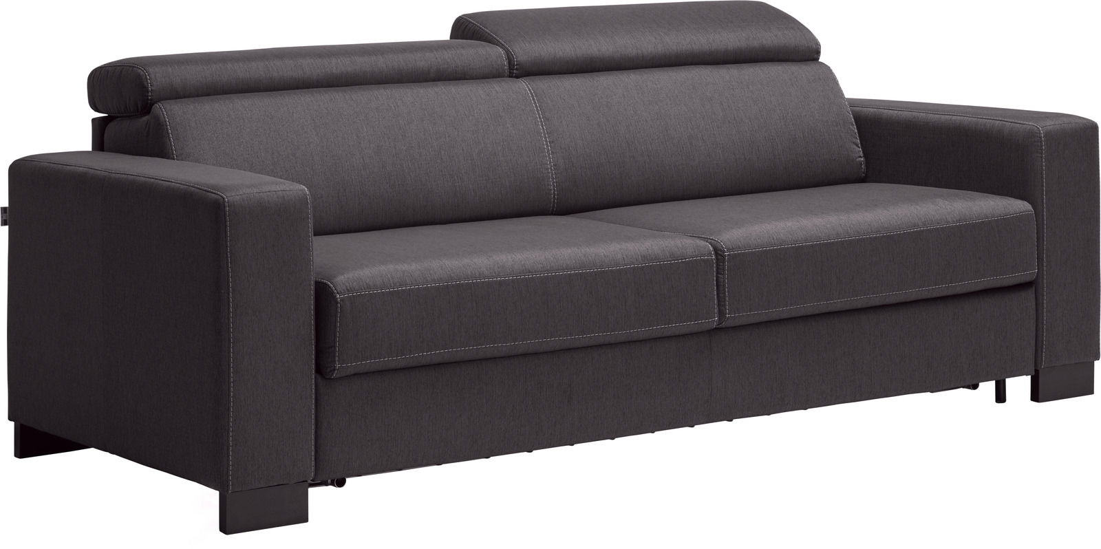 Graues Funktionssofa mit verstellbaren Kopfstützen, seitliche Perspektive