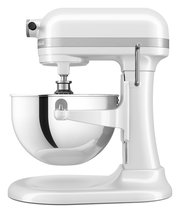 Weiße Küchenmaschine mit Edelstahl-Rührschüssel, seitliche Perspektive