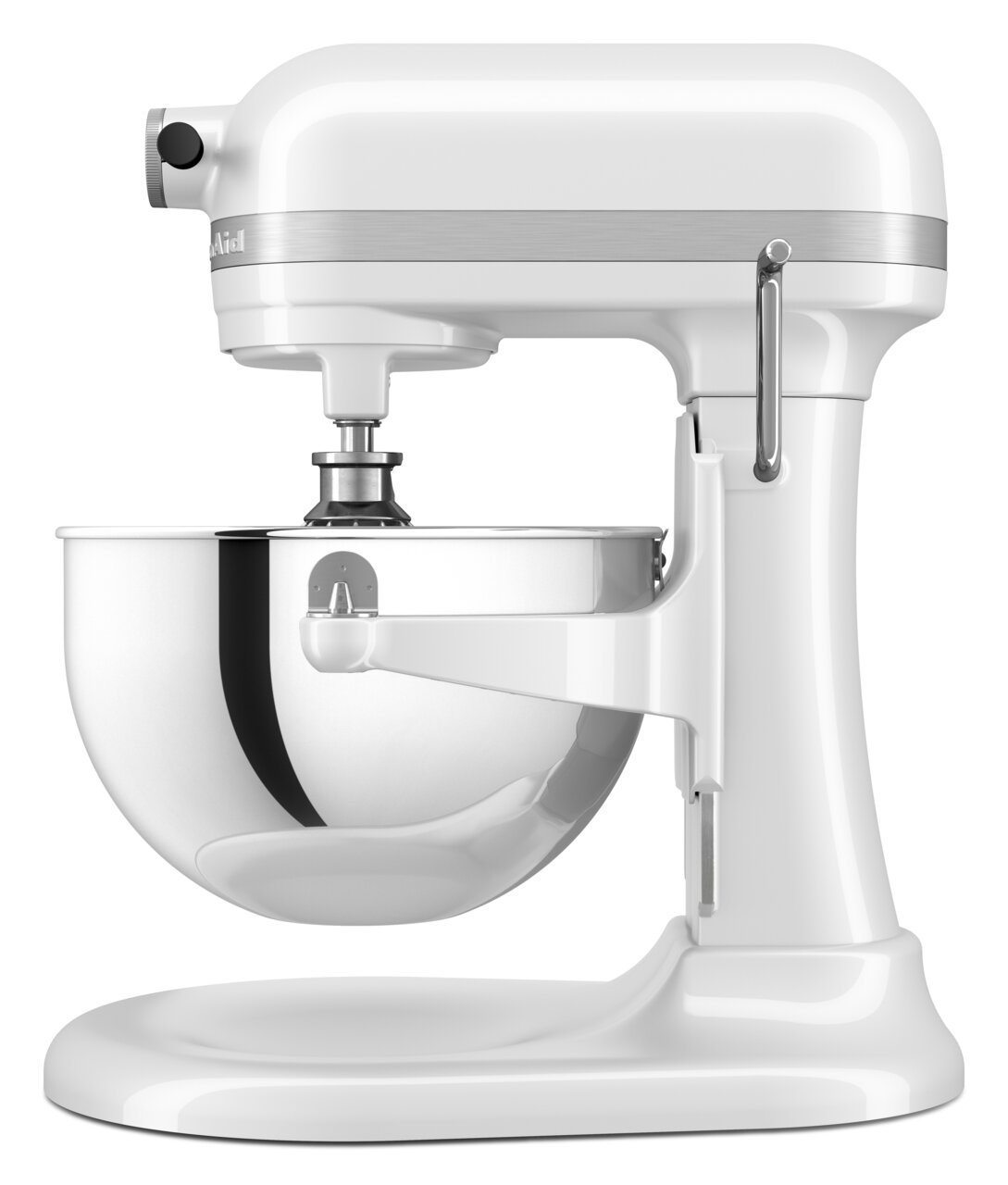 Weiße Küchenmaschine mit Edelstahl-Rührschüssel, seitliche Perspektive