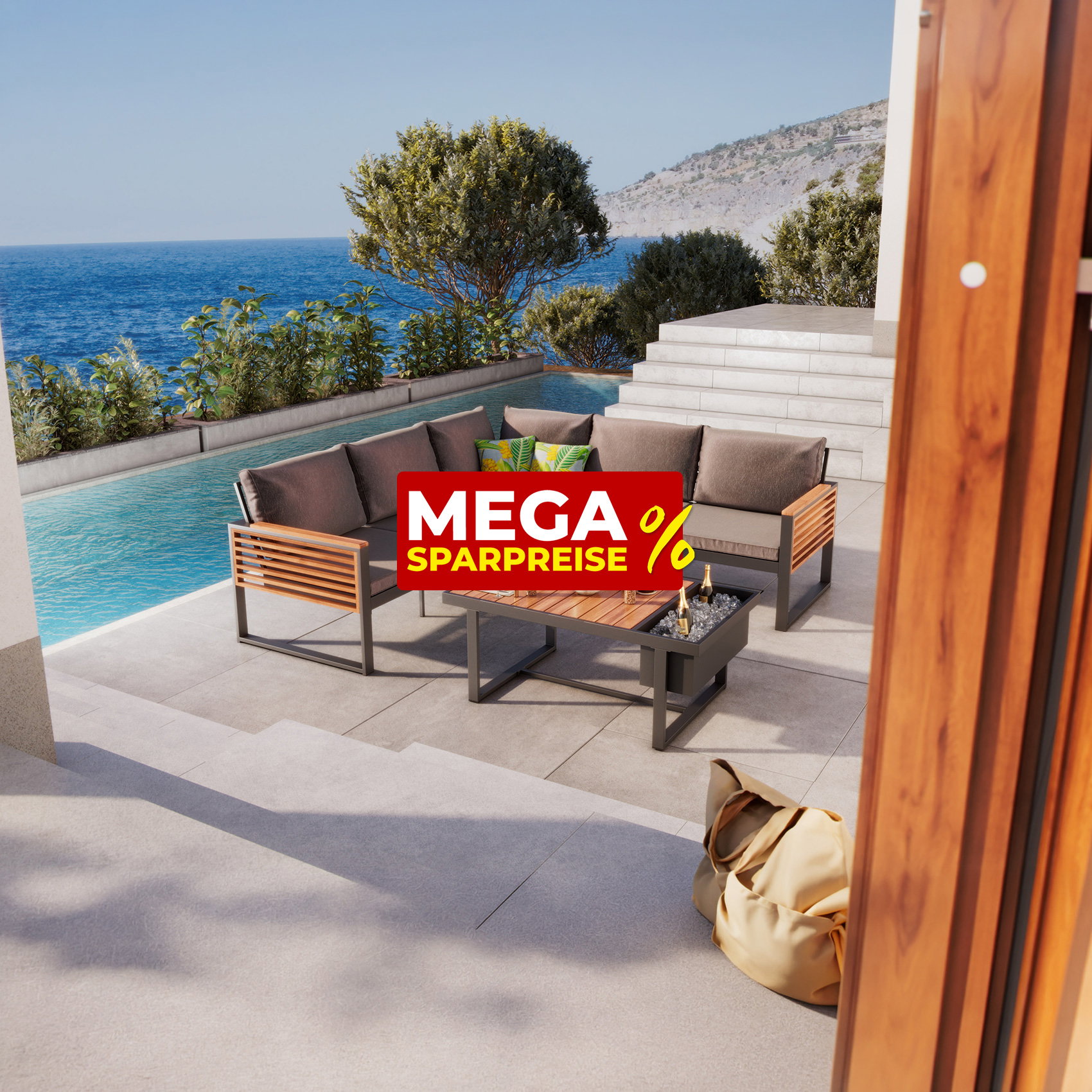 Loungeset auf Terrasse mit Meerblick, Pool und Mega-Sparpreise-Aktion in modernem Ferienambiente.