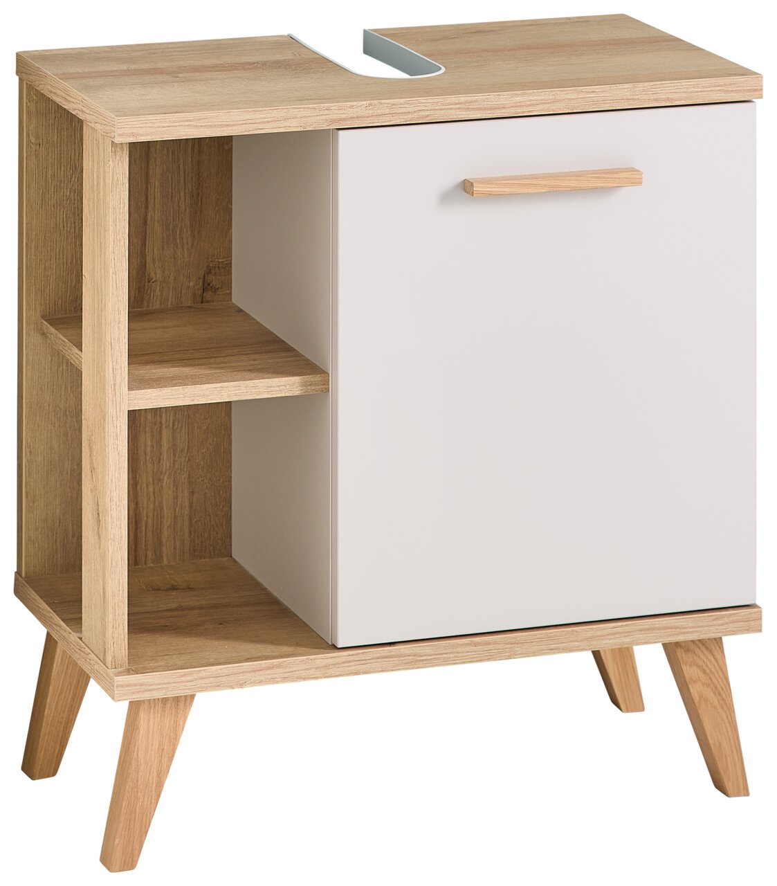 XORA Waschbeckenunterschrank QS966 Moderner Waschbeckenunterschrank aus Holz mit weißer Tür und offenen Regalfächern, seitliche Perspektive