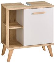 Moderner Waschbeckenunterschrank aus Holz mit weißer Tür und offenen Regalfächern, seitliche Perspektive