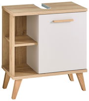 Moderner Waschbeckenunterschrank aus Holz mit weißer Tür und offenen Regalfächern, seitliche Perspektive