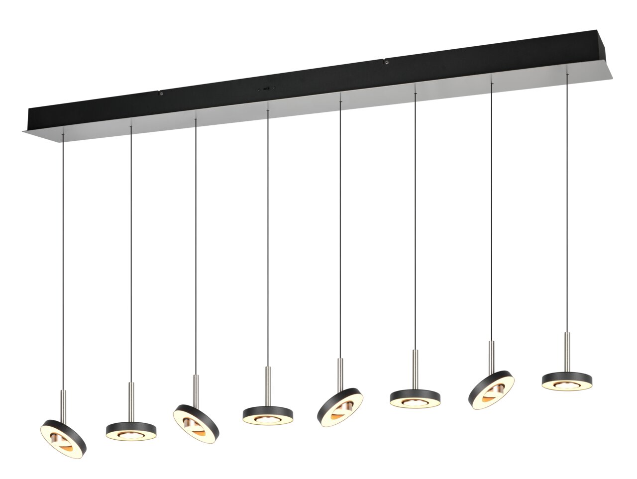 Moderne Pendelleuchte mit acht runden, schwarzen Lampenschirmen, die an dünnen Kabeln von einer rechteckigen Deckenhalterung hängen. Seitenansicht.