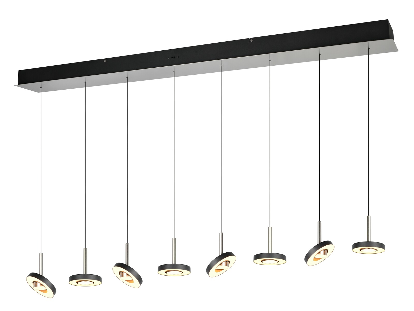 Moderne Pendelleuchte mit acht runden, schwarzen Lampenschirmen, die an dünnen Kabeln von einer rechteckigen Deckenhalterung hängen. Seitenansicht.