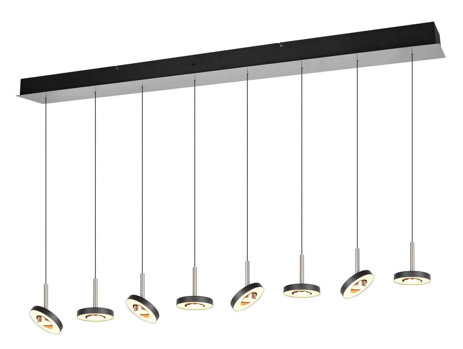 Moderne hanglamp met acht ronde, zwarte lampenkappen die aan dunne kabels aan een rechthoekige plafondbevestiging hangen. Zijaanzicht.