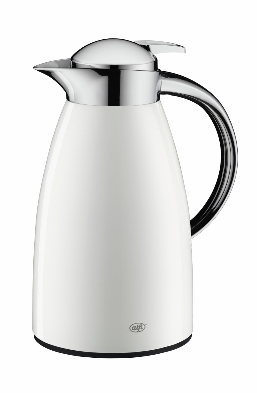 Isolierkanne 1l in alpinweiß mit glänzendem Deckel und Griff, seitliche Perspektive