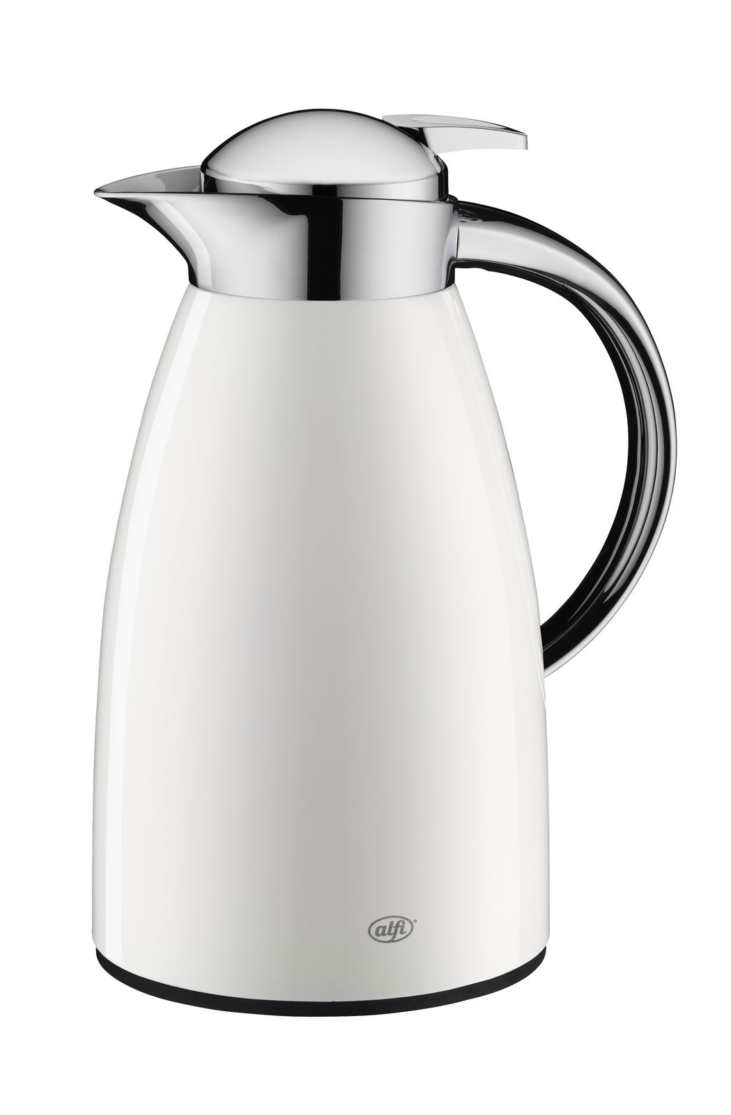 Isolierkanne 1l in alpinweiß mit glänzendem Deckel und Griff, seitliche Perspektive