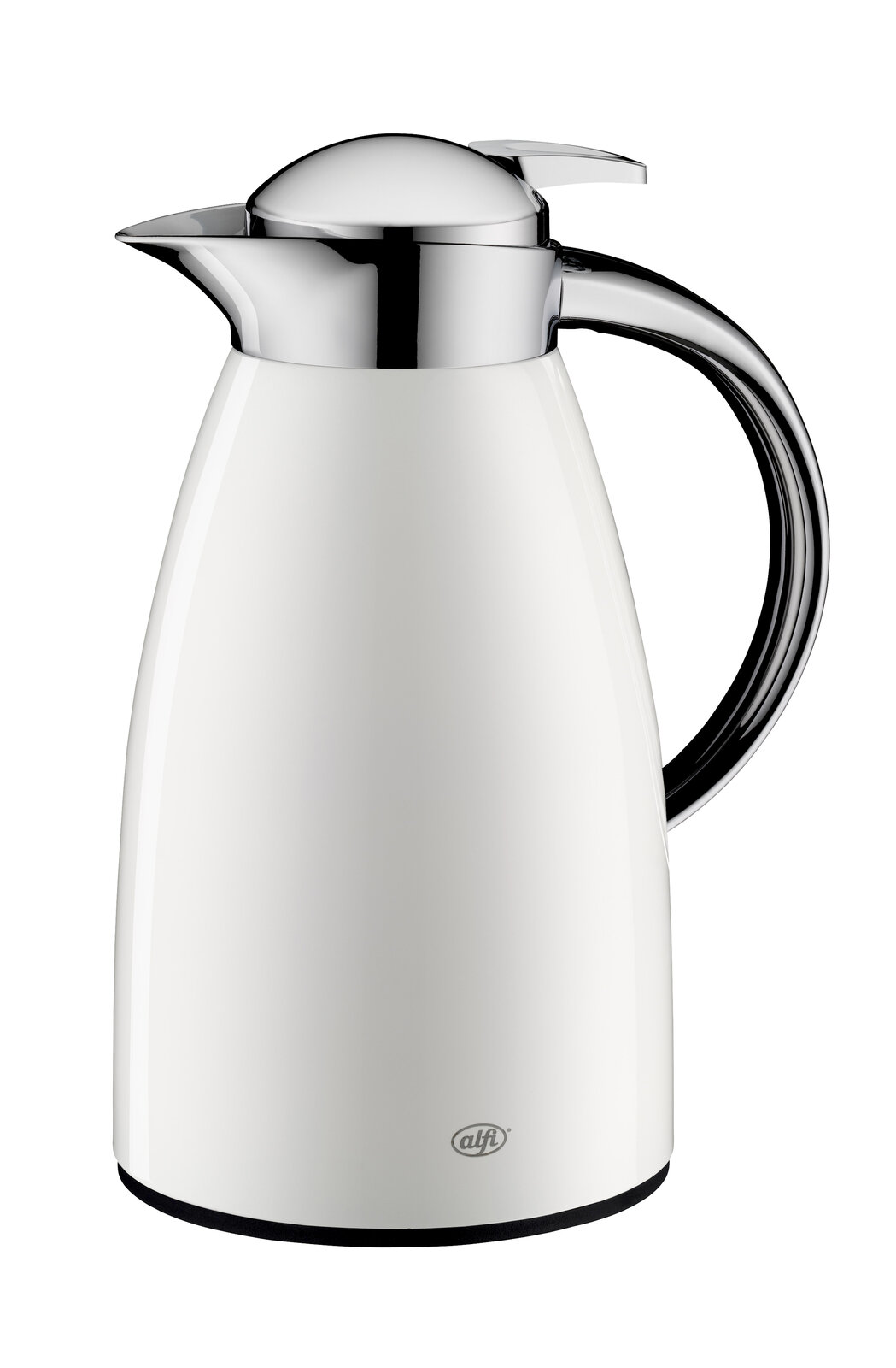 Isolierkanne 1l in alpinweiß mit glänzendem Deckel und Griff, seitliche Perspektive