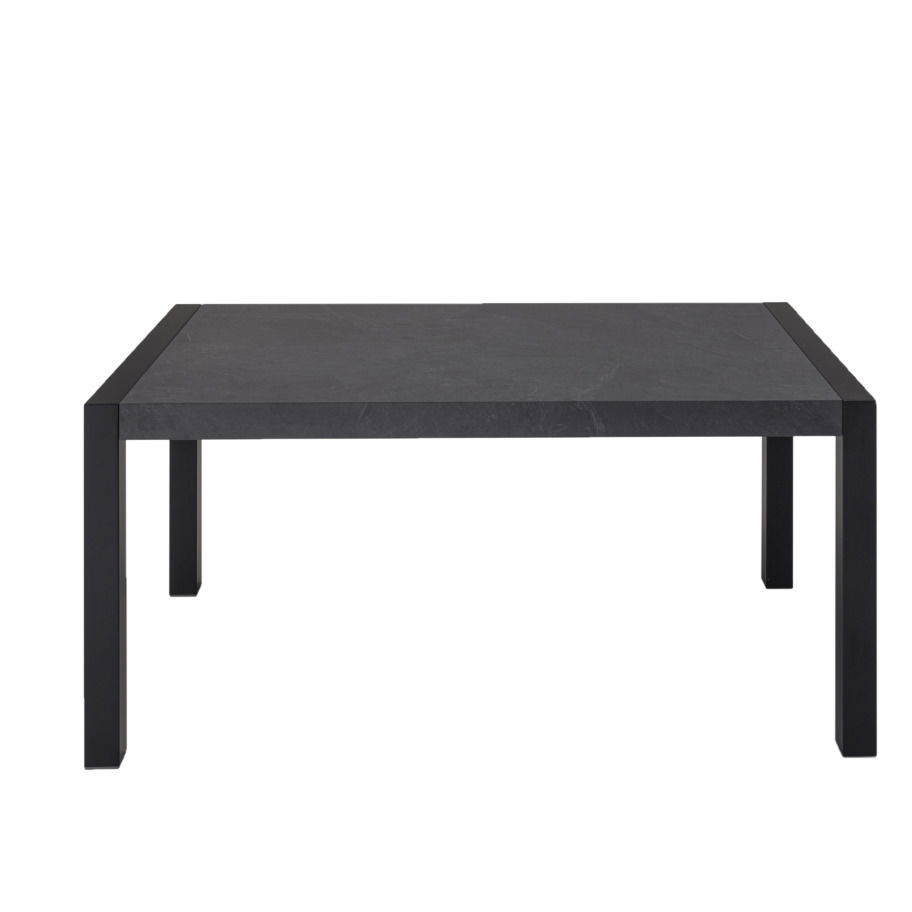 Moderner schwarzer Esstisch aus Metall mit rechteckiger Tischplatte, Frontalansicht