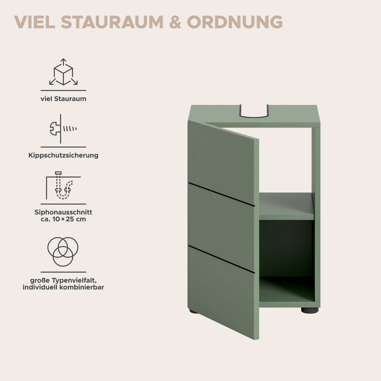 Grüner Bad-Unterschrank mit geöffneter Tür und sichtbarem Stauraum, mit Siphonausschnitt oben; Produktansicht schräg von vorne (Front/Seite).