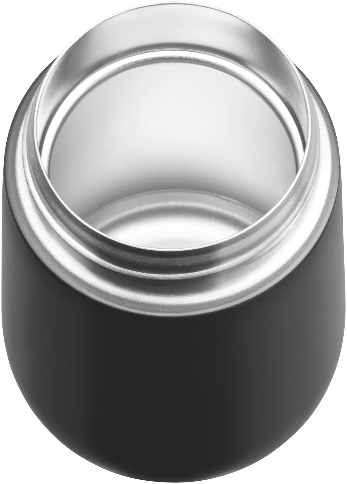 Blick von oben auf einen offenen, silbernen und schwarzen Impulse Travel Mug 0,3l Cromar.