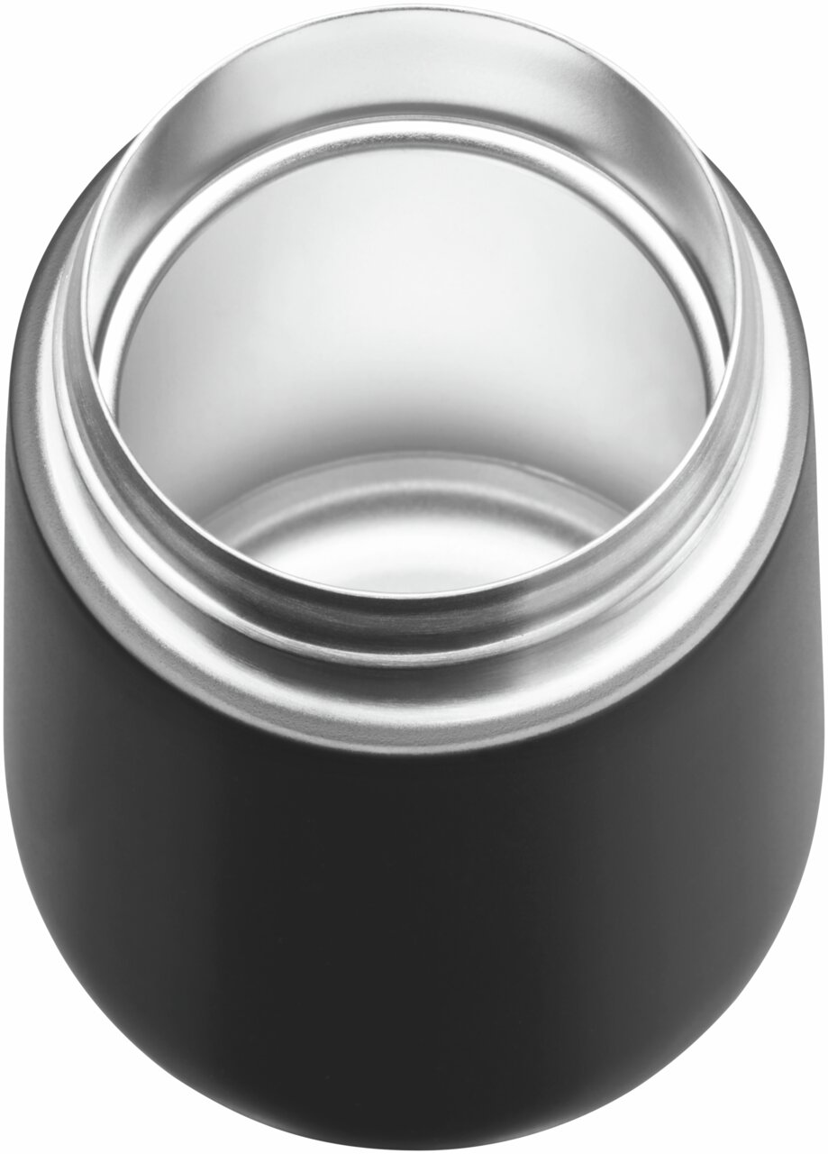 Bovenaanzicht van een open, zilverkleurige en zwarte Impulse Travel Mug 0,3 l van Cromar.
