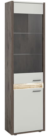 Moderne Vitrine mit dunklem Holzrahmen, Glastür und weißen Schubladen, frontal betrachtet.