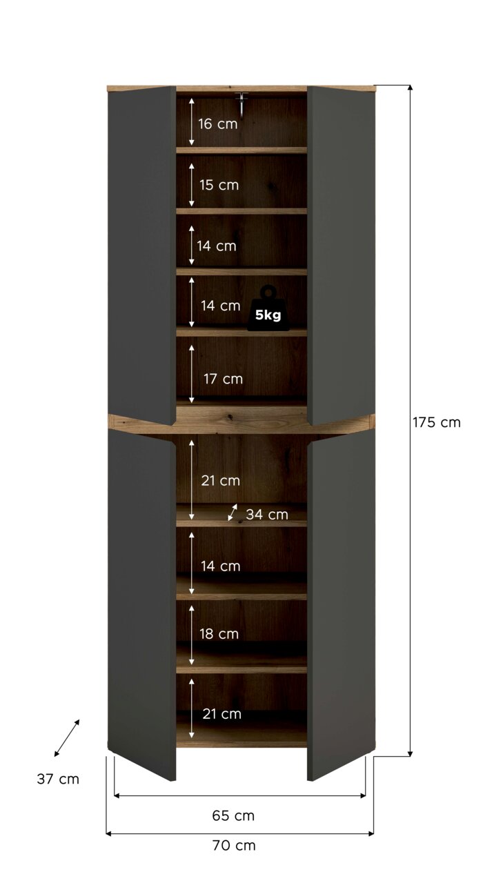 Offener, hoher Schrank in Anthrazit mit Holzoptik innen, mehreren Einlegeböden und Maßangaben (H 175 cm, B 70 cm, T 37 cm), Frontansicht mit geöffneten Türen.