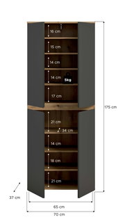 Offener, hoher Schrank in Anthrazit mit Holzoptik innen, mehreren Einlegeböden und Maßangaben (H 175 cm, B 70 cm, T 37 cm), Frontansicht mit geöffneten Türen.