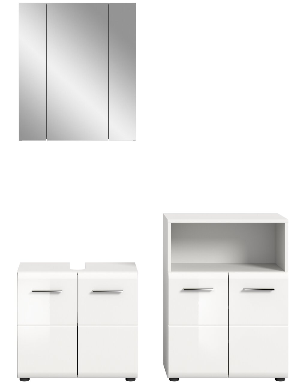 Badezimmermöbel-Set bestehend aus einem dreitürigen Spiegelschrank, einem Waschbeckenunterschrank und einem Hochschrank, frontal abgebildet.