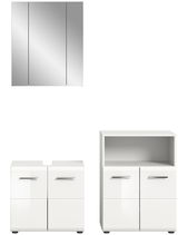 Badezimmermöbel-Set bestehend aus einem dreitürigen Spiegelschrank, einem Waschbeckenunterschrank und einem Hochschrank, frontal abgebildet.